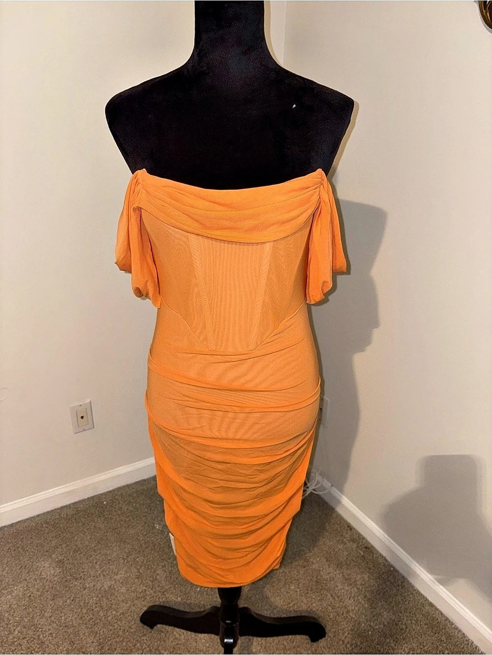 Miss Circle Weslee Orange Off Shoulder Mesh Corset Dress
